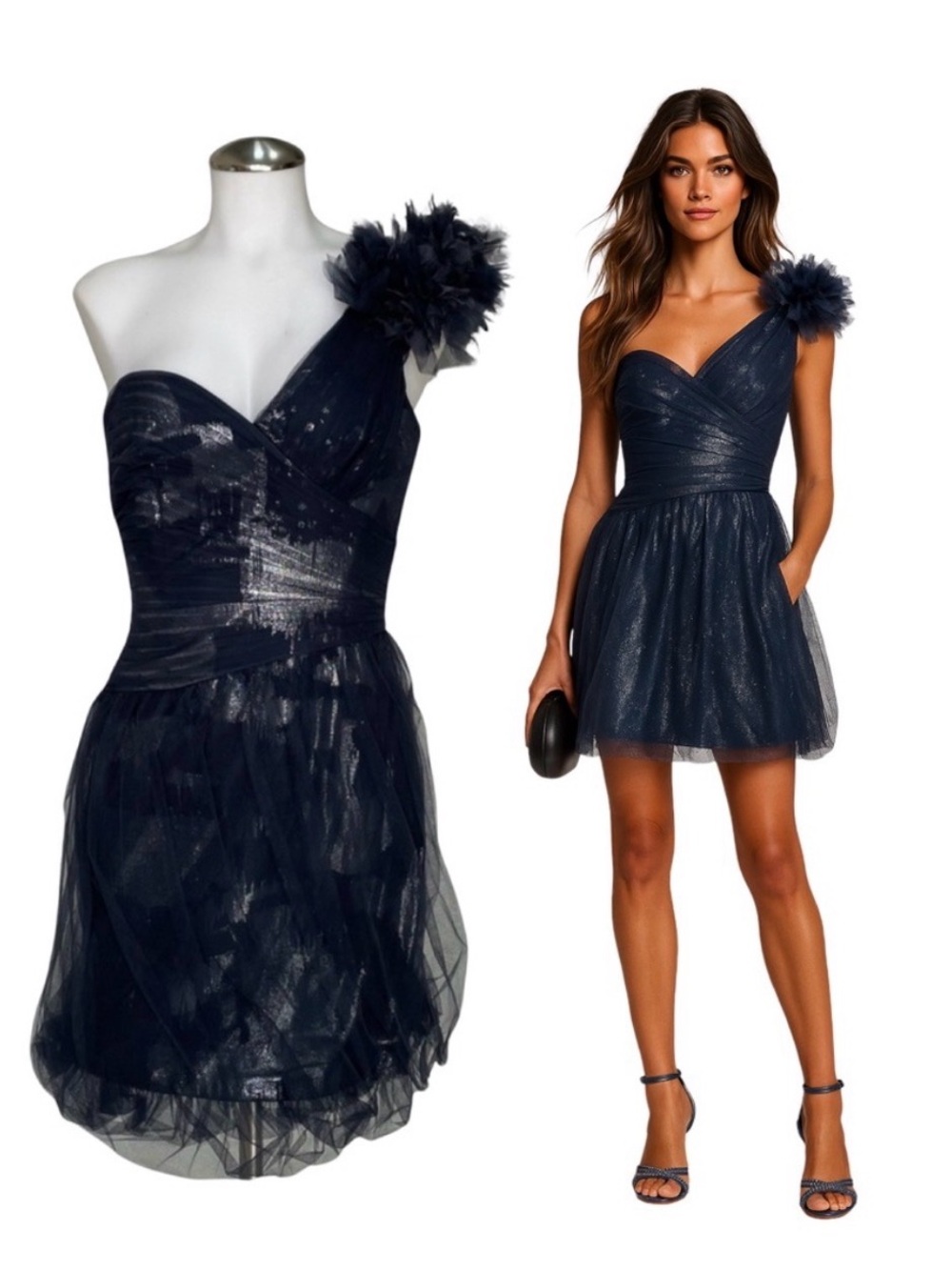 BCBGMaxAzria Navy One-Shoulder Tulle Mini Dress with Floral Shoulder